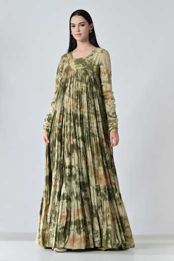 Buy_Samant Chauhan_Olive Green Cotton Round Neck Meadow Pleated Print Dress _Online_at_Aza_Fashions