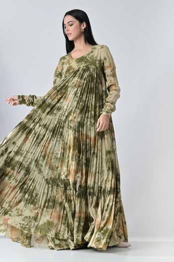 Shop_Samant Chauhan_Olive Green Cotton Round Neck Meadow Pleated Print Dress _Online_at_Aza_Fashions