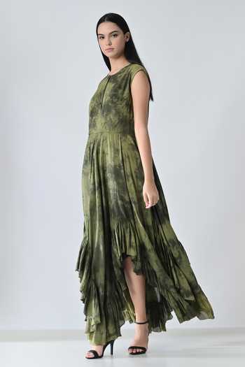 Samant Chauhan_Olive Green Cotton Round Neck Garden Print Layered Dress _Online_at_Aza_Fashions
