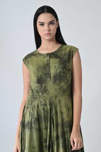Buy_Samant Chauhan_Olive Green Cotton Round Neck Garden Print Layered Dress _Online_at_Aza_Fashions