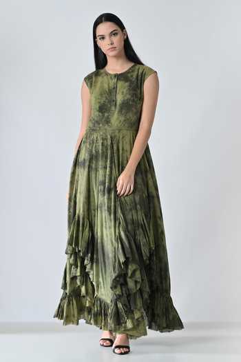 Shop_Samant Chauhan_Olive Green Cotton Round Neck Garden Print Layered Dress _Online_at_Aza_Fashions