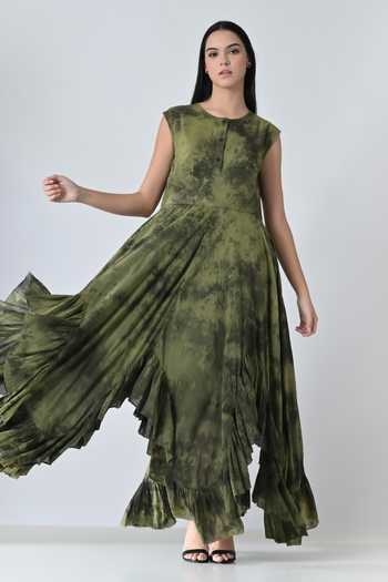 Samant Chauhan_Olive Green Cotton Round Neck Garden Print Layered Dress _at_Aza_Fashions