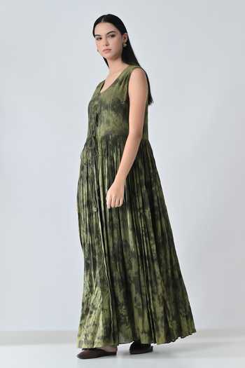 Samant Chauhan_Olive Green Cotton Scoop Neck Forest Print Gathered Dress _Online_at_Aza_Fashions
