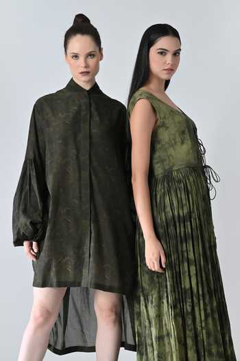Shop_Samant Chauhan_Olive Green Cotton Scoop Neck Forest Print Gathered Dress _Online_at_Aza_Fashions