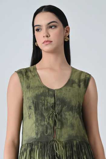 Samant Chauhan_Olive Green Cotton Scoop Neck Forest Print Gathered Dress _at_Aza_Fashions