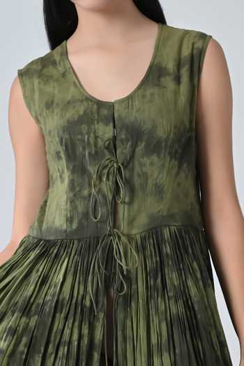 Buy_Samant Chauhan_Olive Green Cotton Scoop Neck Forest Print Gathered Dress 