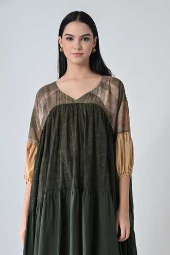 Samant Chauhan_Olive Green Cotton, Viscose V-neck Drift Print High Low Dress _Online_at_Aza_Fashions