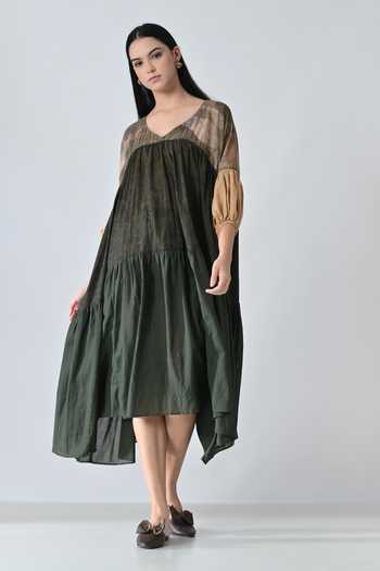 Buy_Samant Chauhan_Olive Green Cotton, Viscose V-neck Drift Print High Low Dress _Online_at_Aza_Fashions