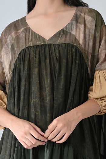 Shop_Samant Chauhan_Olive Green Cotton, Viscose V-neck Drift Print High Low Dress _Online_at_Aza_Fashions