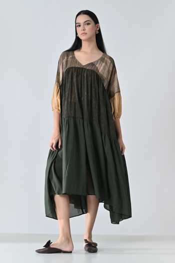 Samant Chauhan_Olive Green Cotton, Viscose V-neck Drift Print High Low Dress _at_Aza_Fashions