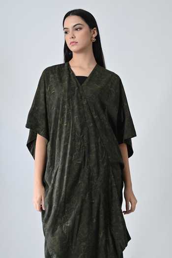 Samant Chauhan_Olive Green Cotton, Viscose V-neck Moss Draped Kaftan _Online_at_Aza_Fashions
