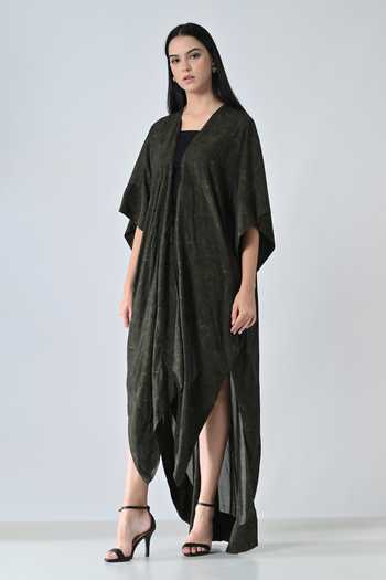 Shop_Samant Chauhan_Olive Green Cotton, Viscose V-neck Moss Draped Kaftan _Online_at_Aza_Fashions