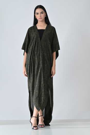 Samant Chauhan_Olive Green Cotton, Viscose V-neck Moss Draped Kaftan _at_Aza_Fashions