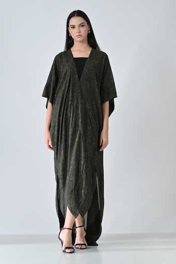 Buy_Samant Chauhan_Olive Green Cotton, Viscose V-neck Moss Draped Kaftan 
