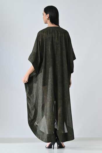 Shop_Samant Chauhan_Olive Green Cotton, Viscose V-neck Moss Draped Kaftan 