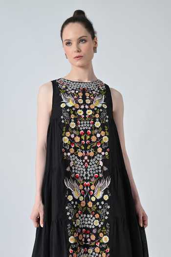 Buy Samant Chauhan Black Silk, Cotton Embroidery Round Neck Floral Dress Online at Aza Fashions Buy_Samant Chauhan_Black Silk, Cotton Embroidery Round Neck Floral Dress _Online_at_Aza_Fashions