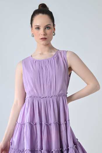 Samant Chauhan_Purple Cotton Round Neck Lilac Breeze Tiered Short Dress _Online_at_Aza_Fashions