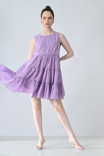 Shop_Samant Chauhan_Purple Cotton Round Neck Lilac Breeze Tiered Short Dress _Online_at_Aza_Fashions