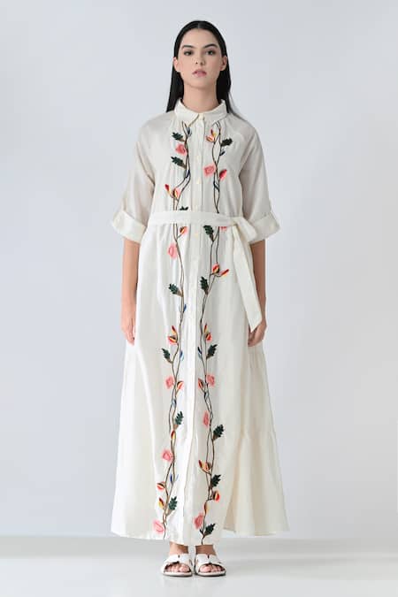 Samant Chauhan Garden Embroidered Cotton Silk Dress With Belt 