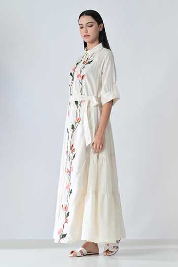 Buy_Samant Chauhan_Off White Silk, Cotton Embroidery Collared Garden Dress With Belt _Online_at_Aza_Fashions