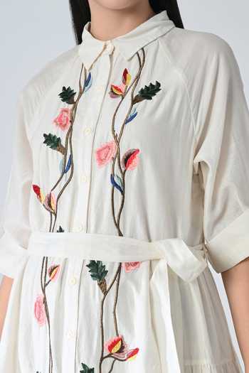 Shop_Samant Chauhan_Off White Silk, Cotton Embroidery Collared Garden Dress With Belt _Online_at_Aza_Fashions