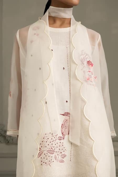 Shop_Arcvsh By Pallavi Singh_Ivory Silk, Organza, Chanderi, Linen Applique Hand Block Print Jacket Kurta Set _Online_at_Aza_Fashions