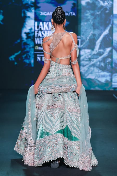 Jigar & Nikita Lotus Embroidered Teal Lehenga Set 