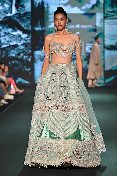Jigar & Nikita Lotus Embroidered Teal Lehenga Set 