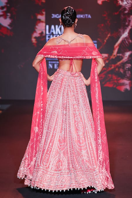Jigar & Nikita Coral Shimmer Embroidered Bridal Lehenga Set 