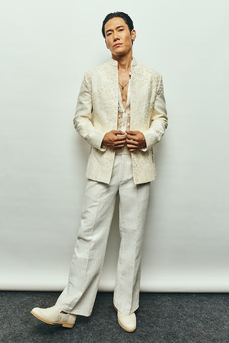 Buy_Jigar & Nikita_Ivory Silk Embroidery, Sequins Pearlfect Open Jacket Pant Set _Online_at_Aza_Fashions