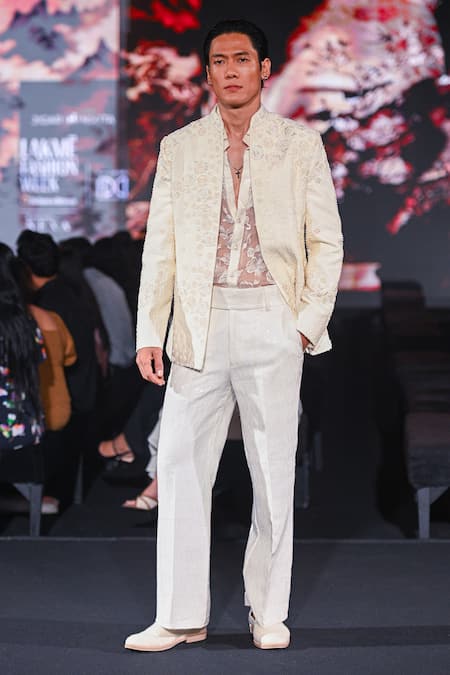 Shop_Jigar & Nikita_Ivory Silk Embroidery, Sequins Pearlfect Open Jacket Pant Set _Online_at_Aza_Fashions