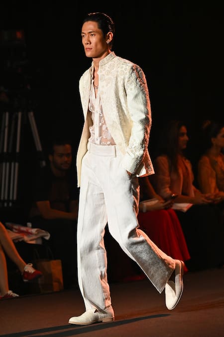 Jigar & Nikita_Ivory Silk Embroidery, Sequins Pearlfect Open Jacket Pant Set _at_Aza_Fashions