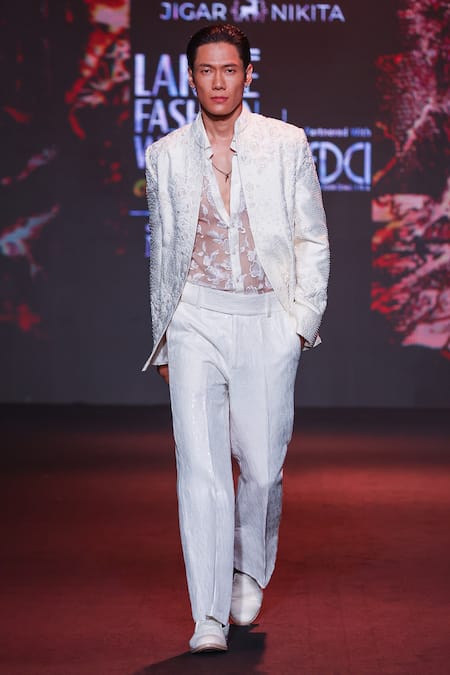 Buy_Jigar & Nikita_Ivory Silk Embroidery, Sequins Pearlfect Open Jacket Pant Set 