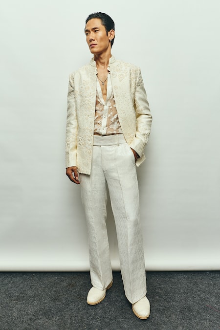 Jigar & Nikita Pearlfect Embroidered Open Jacket Pant Set 