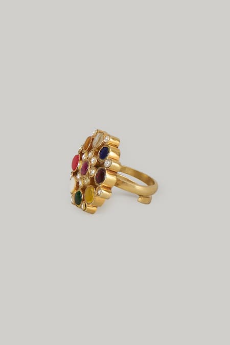 Karisa Designs_Multi Color Stones Navratna Kundan Ring _Online_at_Aza_Fashions
