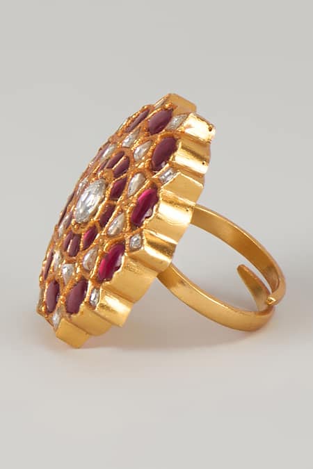 Karisa Designs_Red Stones Phool Kundan Ring _Online_at_Aza_Fashions