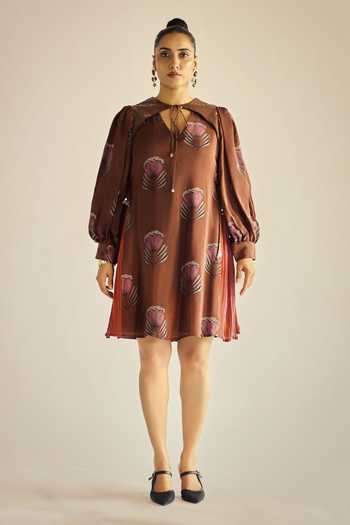 Buy_Neetiandmudita_Brown Crepe Keyhole Neck Mocha Petal Dress _Online_at_Aza_Fashions