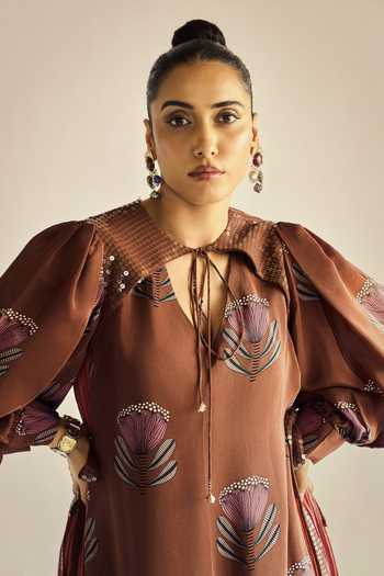 Shop_Neetiandmudita_Brown Crepe Keyhole Neck Mocha Petal Dress _Online_at_Aza_Fashions