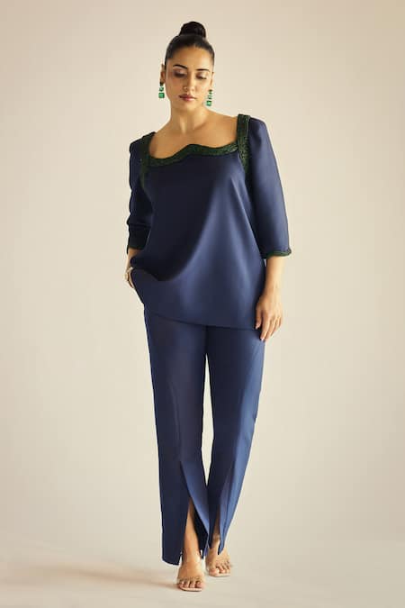Neetiandmudita Sapphire Structured Top & Pant Set 