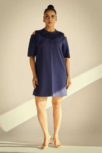 Neetiandmudita_Blue Crepe Applique Round Neck Sapphire Short Dress _Online_at_Aza_Fashions