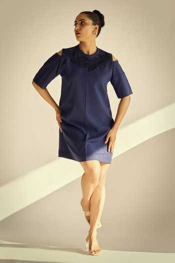 Buy_Neetiandmudita_Blue Crepe Applique Round Neck Sapphire Short Dress _Online_at_Aza_Fashions