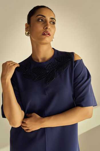 Shop_Neetiandmudita_Blue Crepe Applique Round Neck Sapphire Short Dress _Online_at_Aza_Fashions