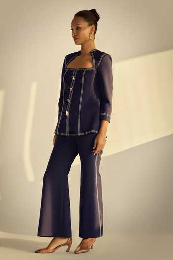 Neetiandmudita_Navy Crepe Square Neck Structured Top And Trouser Set _Online_at_Aza_Fashions
