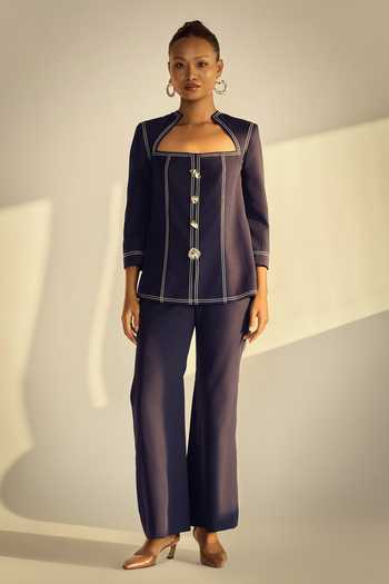 Buy_Neetiandmudita_Navy Crepe Square Neck Structured Top And Trouser Set _Online_at_Aza_Fashions