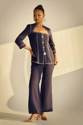 Shop_Neetiandmudita_Navy Crepe Square Neck Structured Top And Trouser Set _Online_at_Aza_Fashions