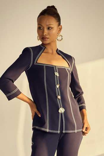 Buy_Neetiandmudita_Navy Crepe Square Neck Structured Top And Trouser Set 
