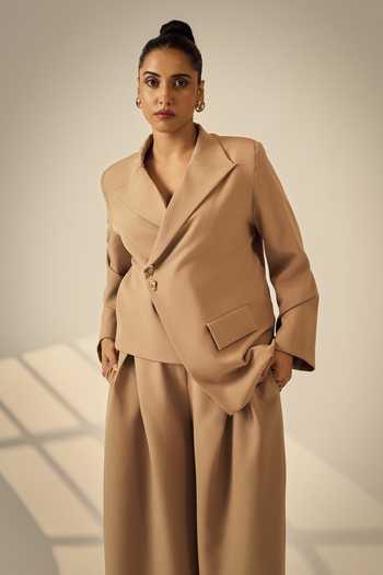 Neetiandmudita_Tan Crepe Asymmetric Blazer _Online_at_Aza_Fashions