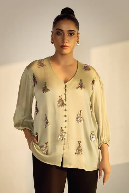 Neetiandmudita Sequin Embellished Satin Silk Shirt 