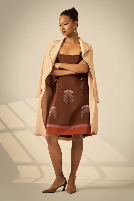 Neetiandmudita Mocha Petal Dress & Jacket  Set 