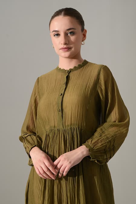 Samant Chauhan_Olive Green Silk, Cotton Round Neck Button Down Dress _Online_at_Aza_Fashions